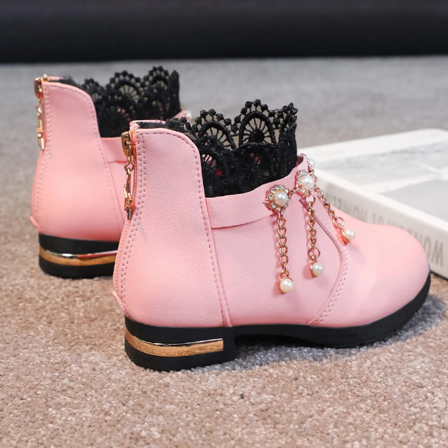 Girl Boots Kids Ankle Boots Pearls Zipper Boots Low Heel Short Booties Anti-Slip Shoes Dressy Shoes for Girls