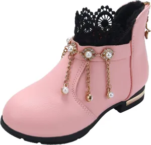 Girl Boots Kids Ankle Boots Pearls Zipper Boots Low Heel Short Booties Anti-Slip Shoes Dressy Shoes for Girls