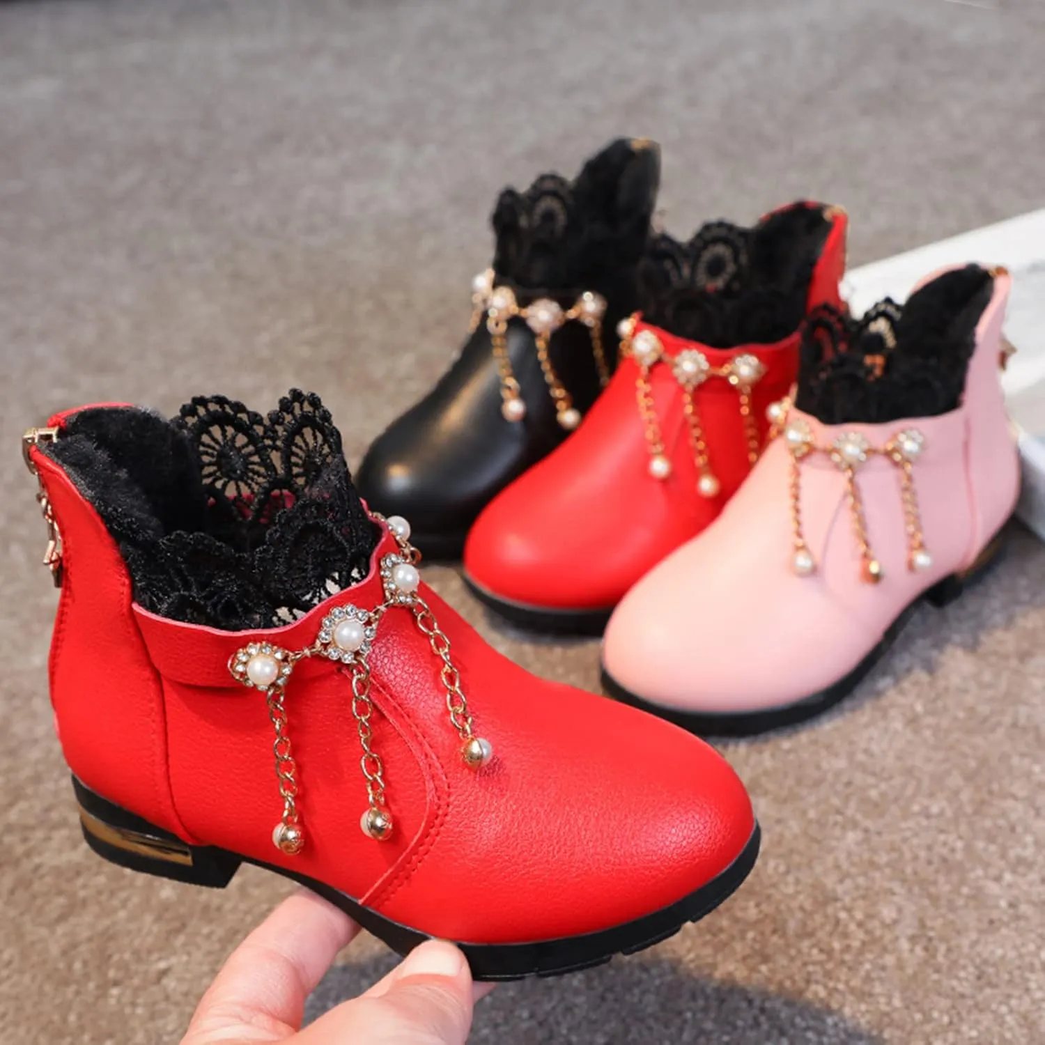 Girl Boots Kids Ankle Boots Pearls Zipper Boots Low Heel Short Booties Anti-Slip Shoes Dressy Shoes for Girls