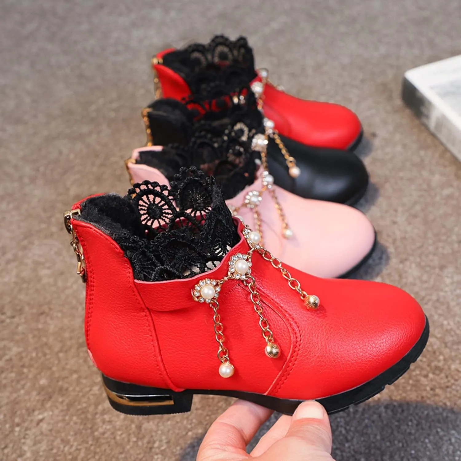 Girl Boots Kids Ankle Boots Pearls Zipper Boots Low Heel Short Booties Anti-Slip Shoes Dressy Shoes for Girls