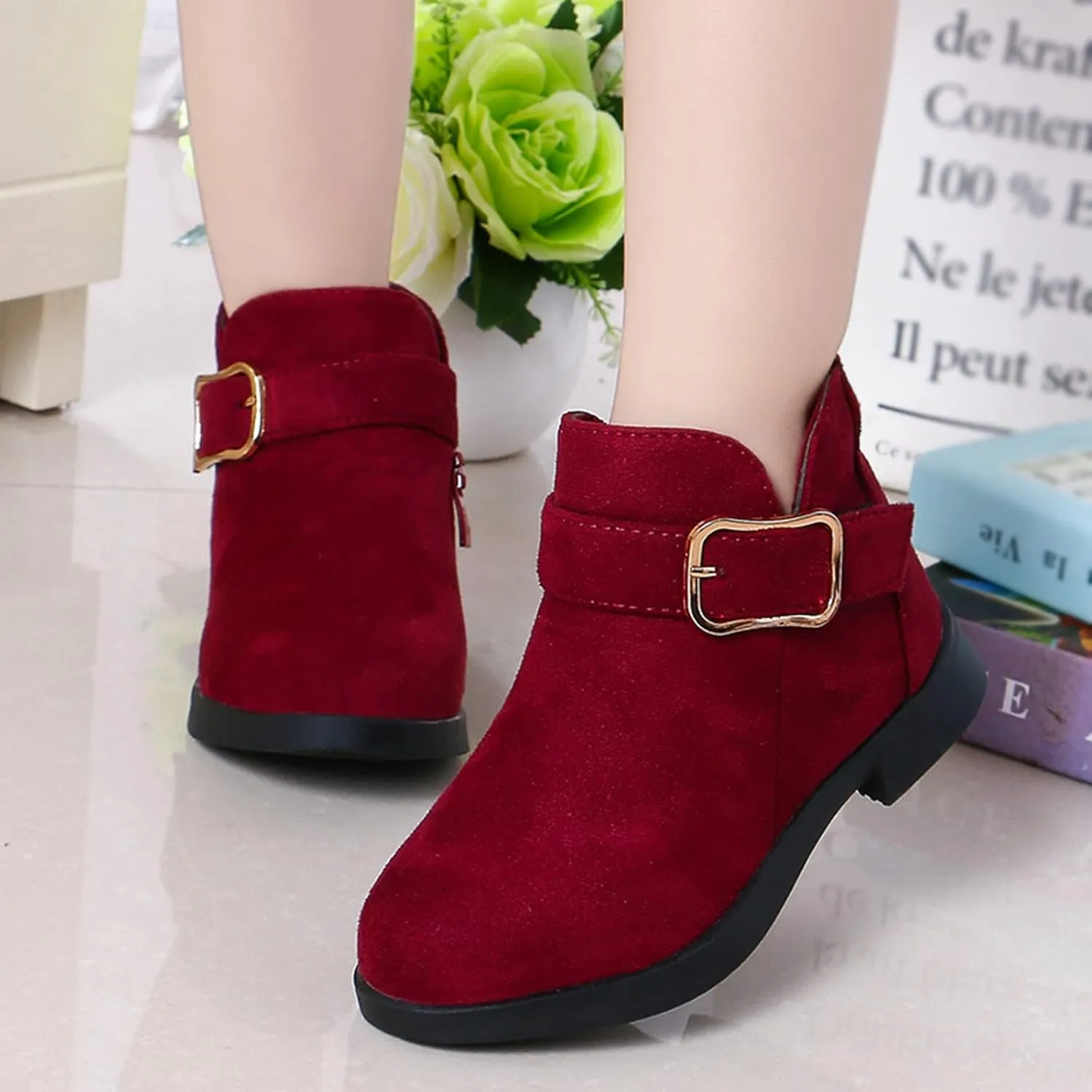 Girl Boots Kids Ankle Boots Warm Side Zipper Boots Low Heel Short Booties Winter Snow Boots Anti-Slip Shoes
