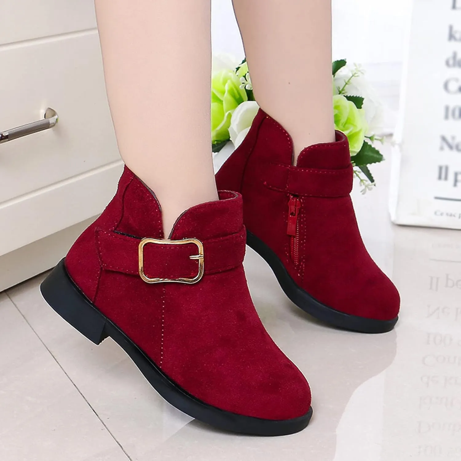 Girl Boots Kids Ankle Boots Warm Side Zipper Boots Low Heel Short Booties Winter Snow Boots Anti-Slip Shoes