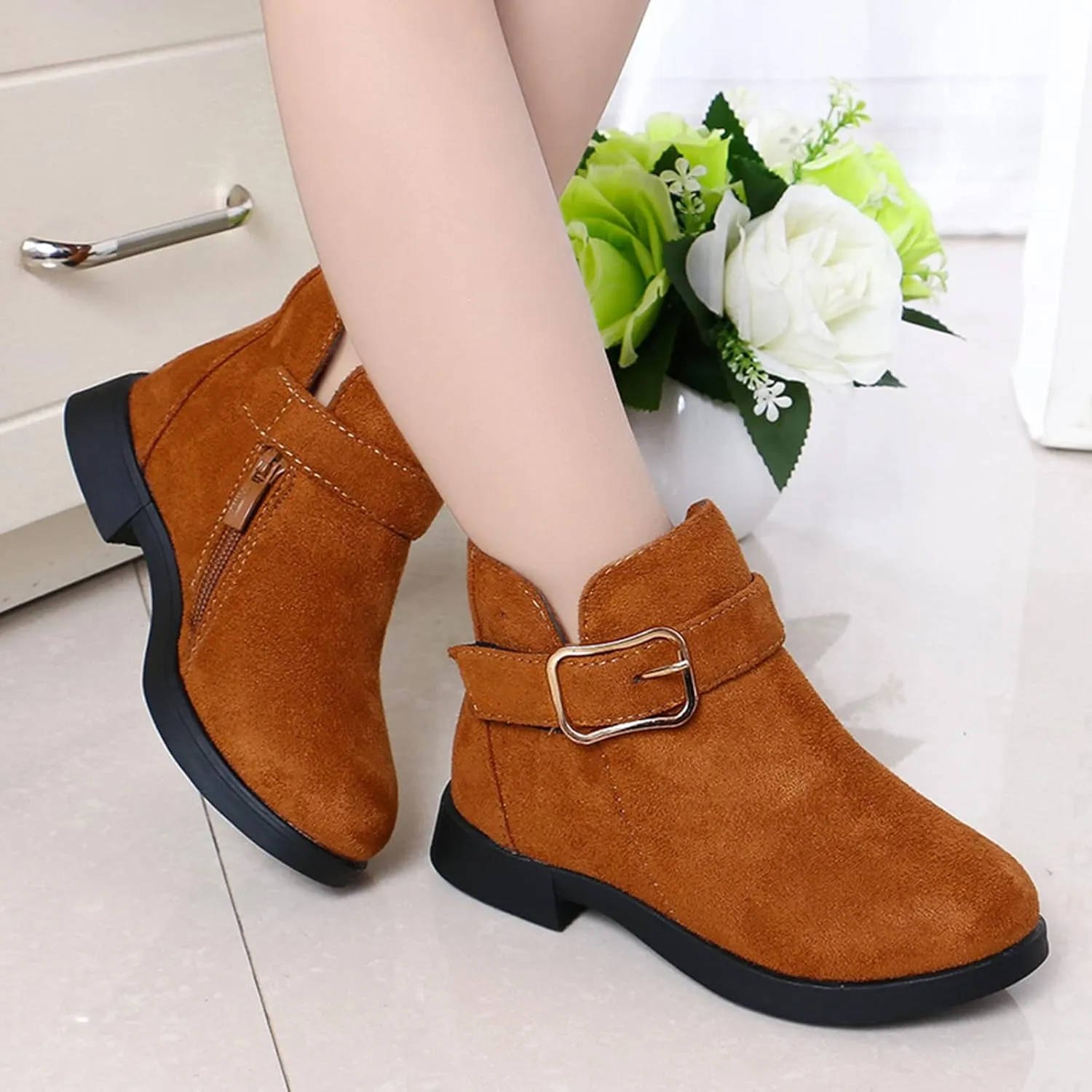 Girl Boots Kids Ankle Boots Warm Side Zipper Boots Low Heel Short Booties Winter Snow Boots Anti-Slip Shoes