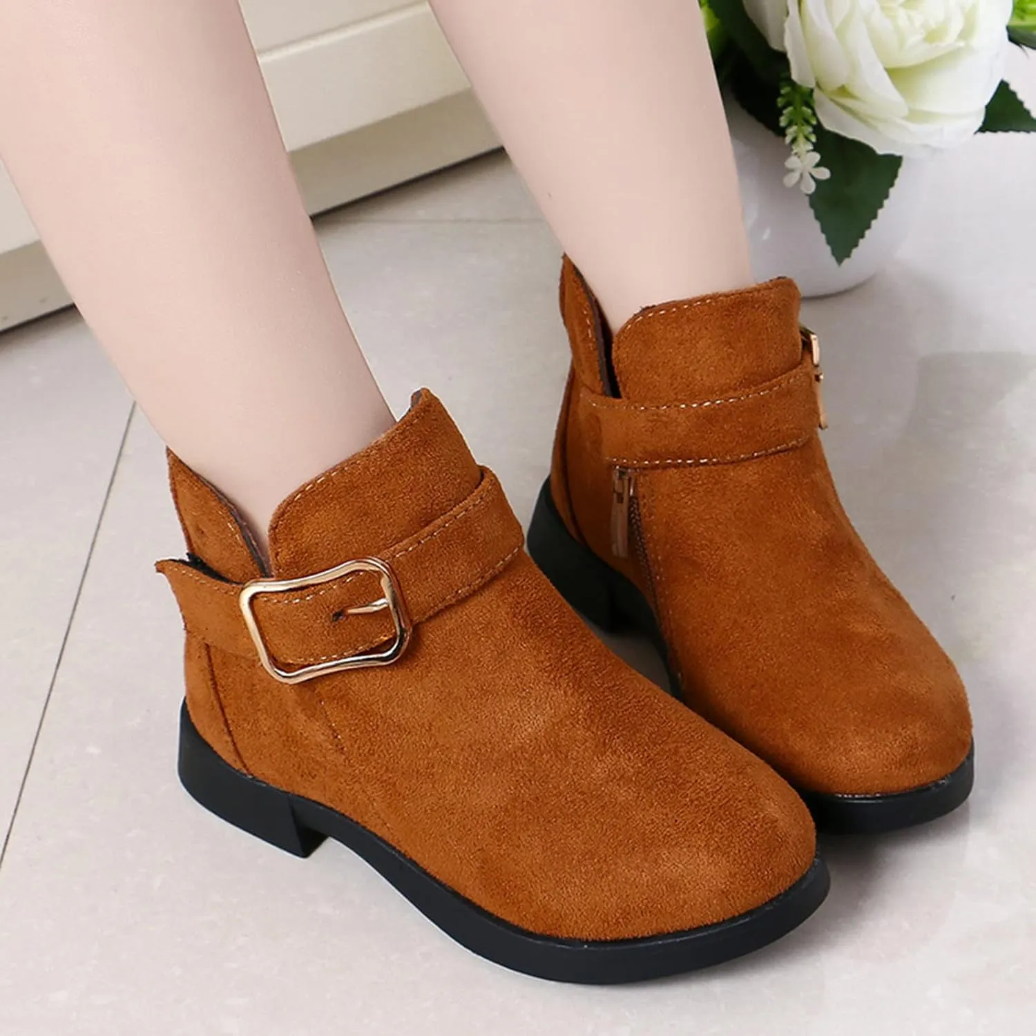 Girl Boots Kids Ankle Boots Warm Side Zipper Boots Low Heel Short Booties Winter Snow Boots Anti-Slip Shoes