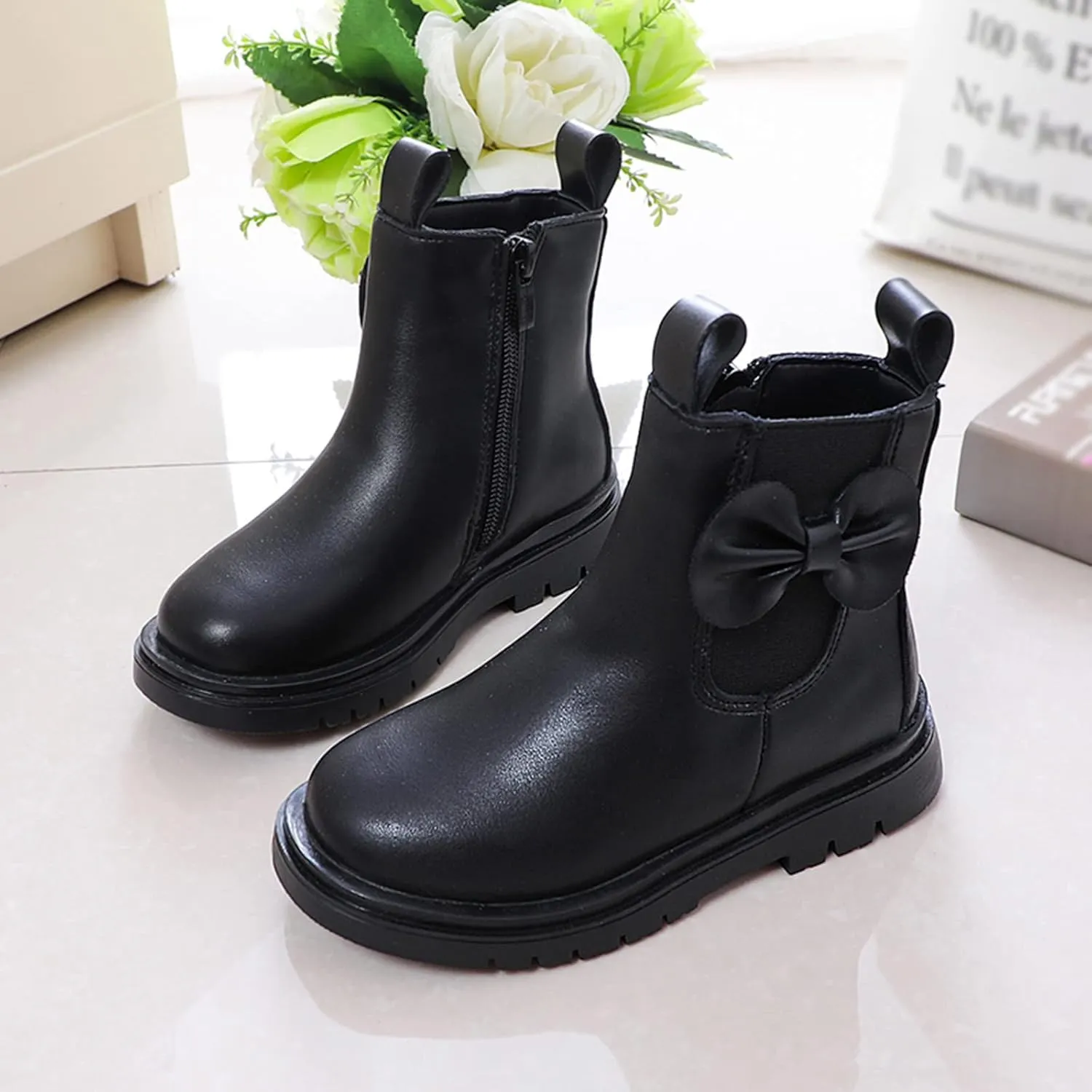 Girls Ankle Boots Leather Boots with Bow Kids Comfortable Slip on Chelsea Booties for Toddler Little Kid Big Kids