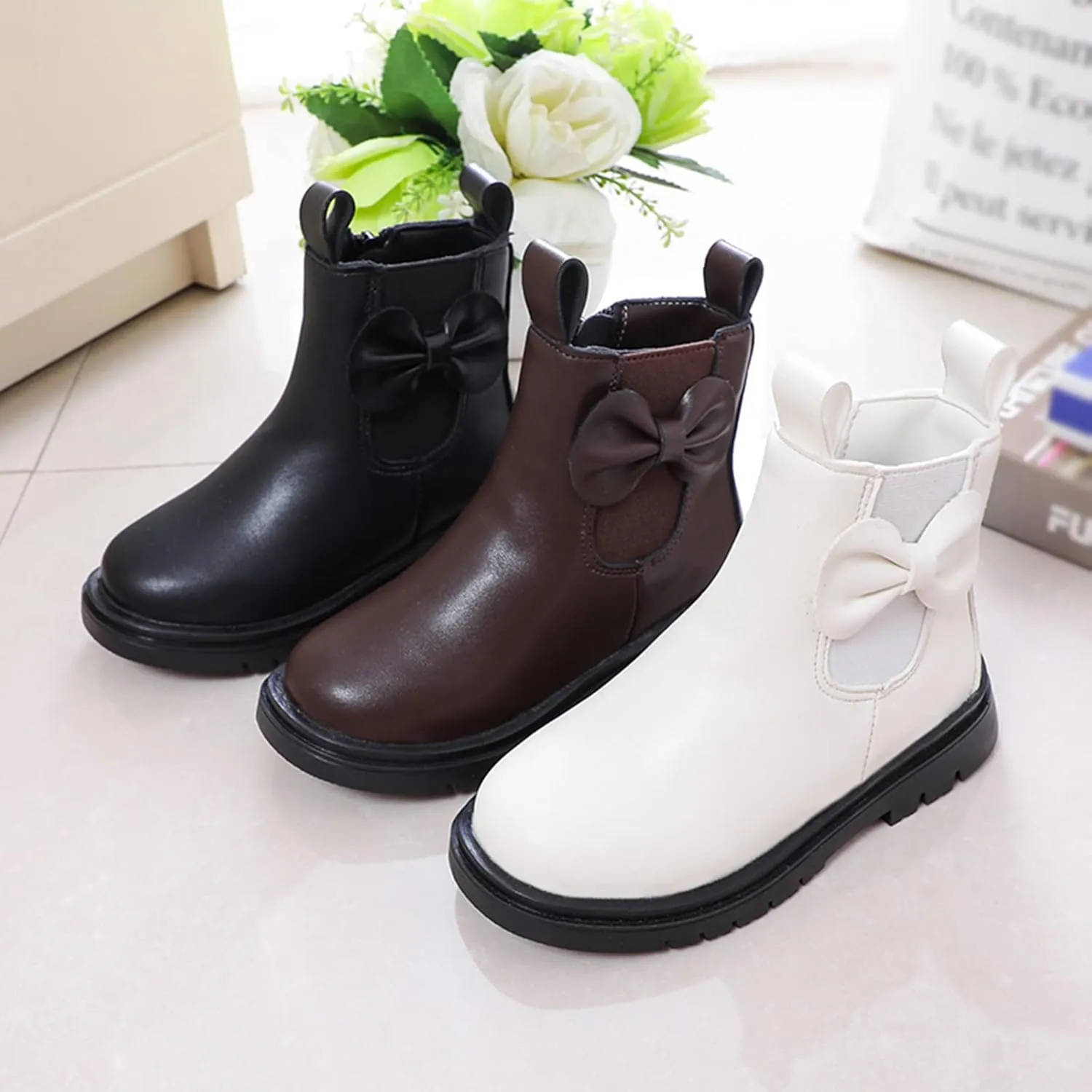 Girls Ankle Boots Leather Boots with Bow Kids Comfortable Slip on Chelsea Booties for Toddler Little Kid Big Kids