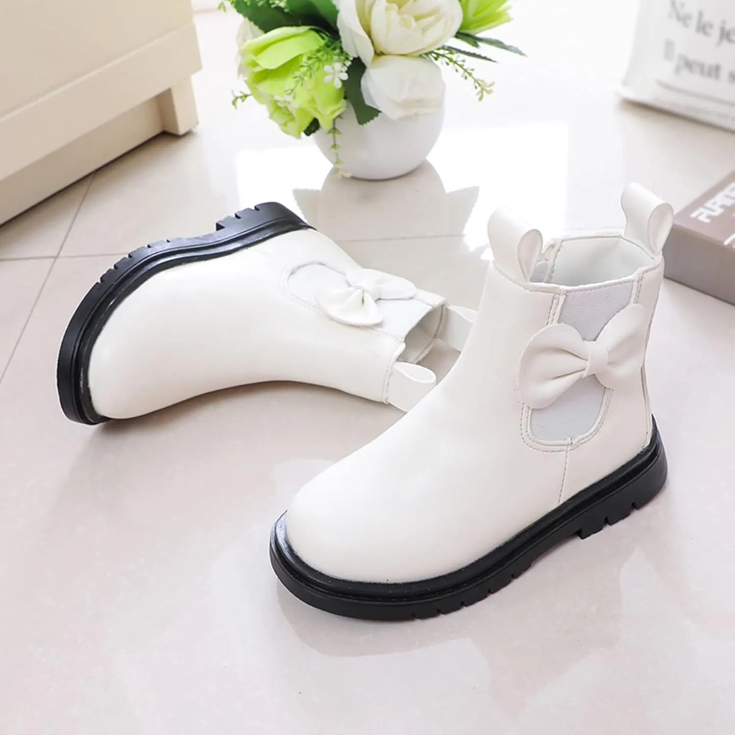 Girls Ankle Boots Leather Boots with Bow Kids Comfortable Slip on Chelsea Booties for Toddler Little Kid Big Kids