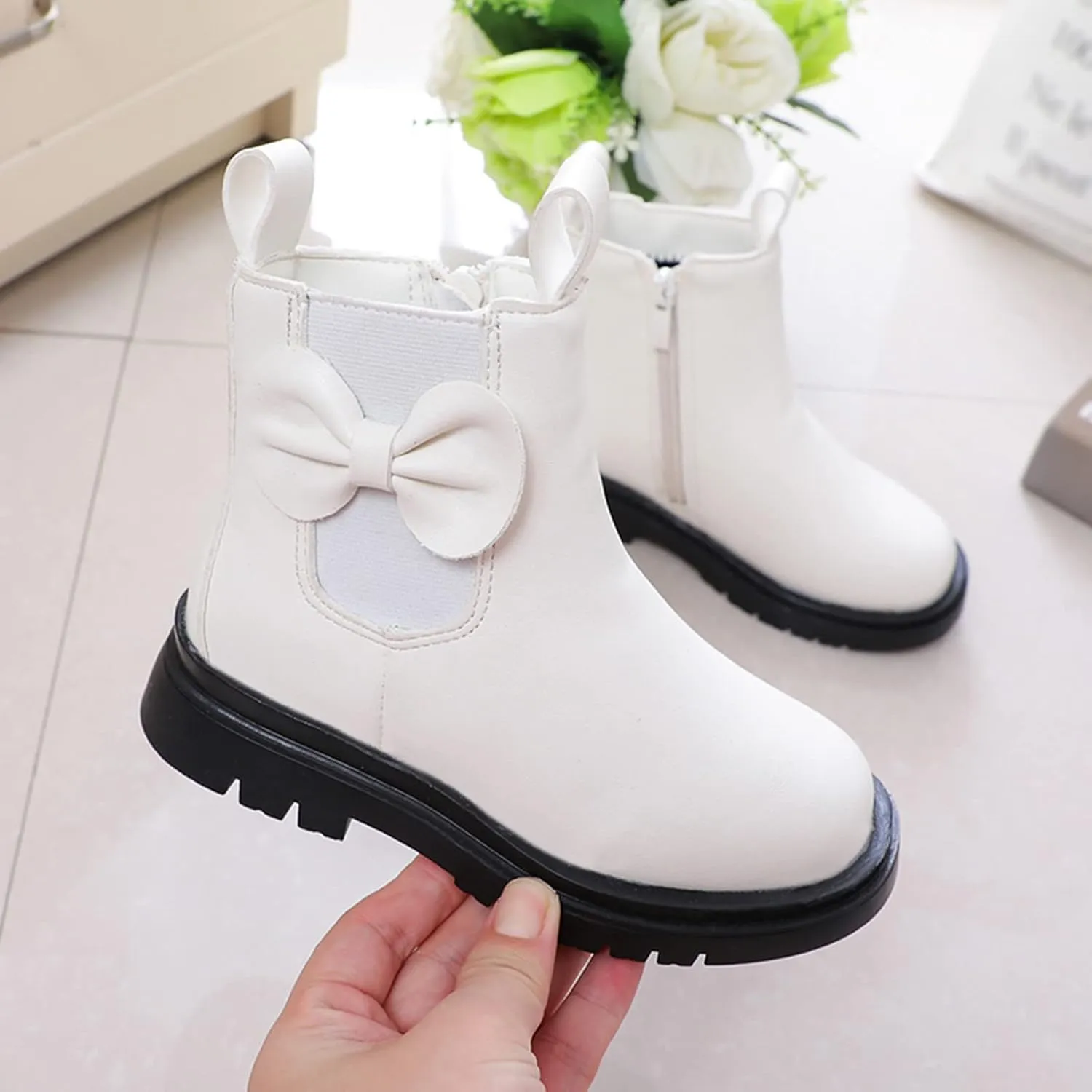 Girls Ankle Boots Leather Boots with Bow Kids Comfortable Slip on Chelsea Booties for Toddler Little Kid Big Kids