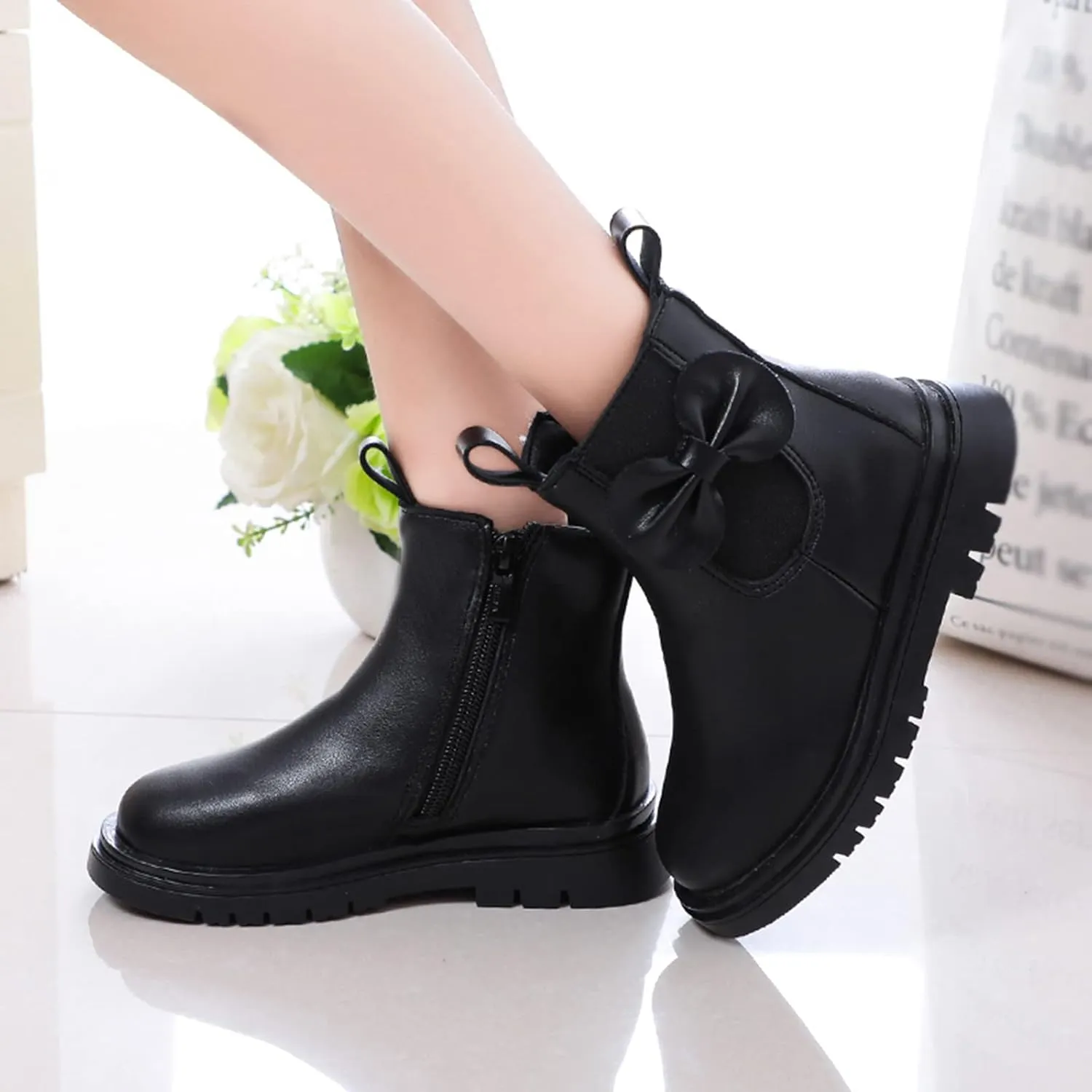 Girls Ankle Boots Leather Boots with Bow Kids Comfortable Slip on Chelsea Booties for Toddler Little Kid Big Kids