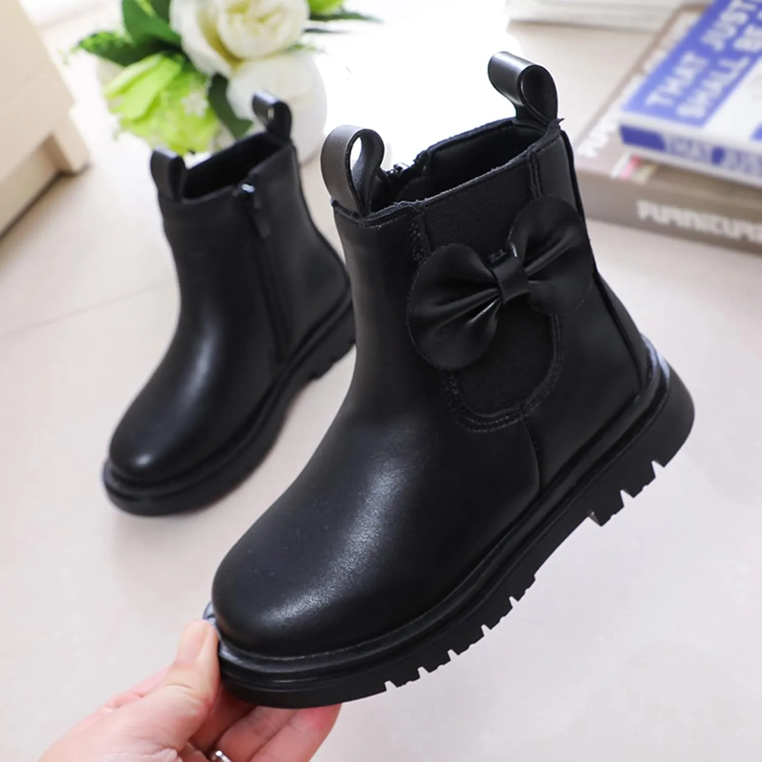 Girls Ankle Boots Leather Boots with Bow Kids Comfortable Slip on Chelsea Booties for Toddler Little Kid Big Kids