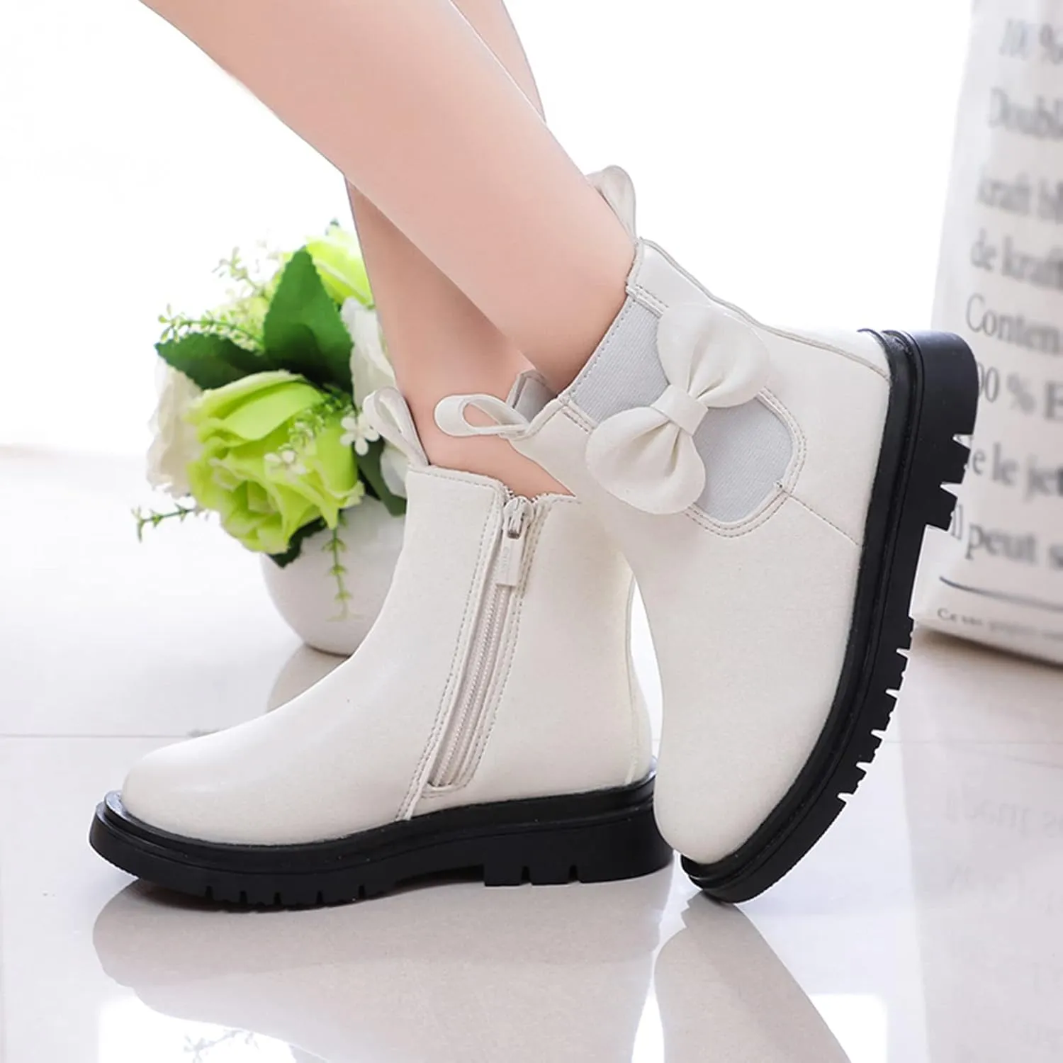 Girls Ankle Boots Leather Boots with Bow Kids Comfortable Slip on Chelsea Booties for Toddler Little Kid Big Kids
