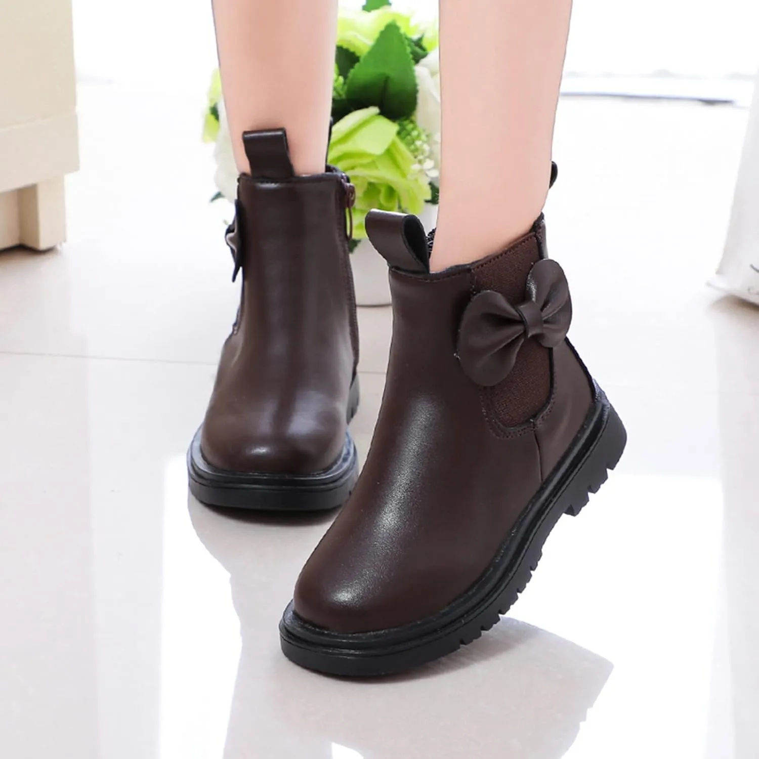 Girls Ankle Boots Leather Boots with Bow Kids Comfortable Slip on Chelsea Booties for Toddler Little Kid Big Kids