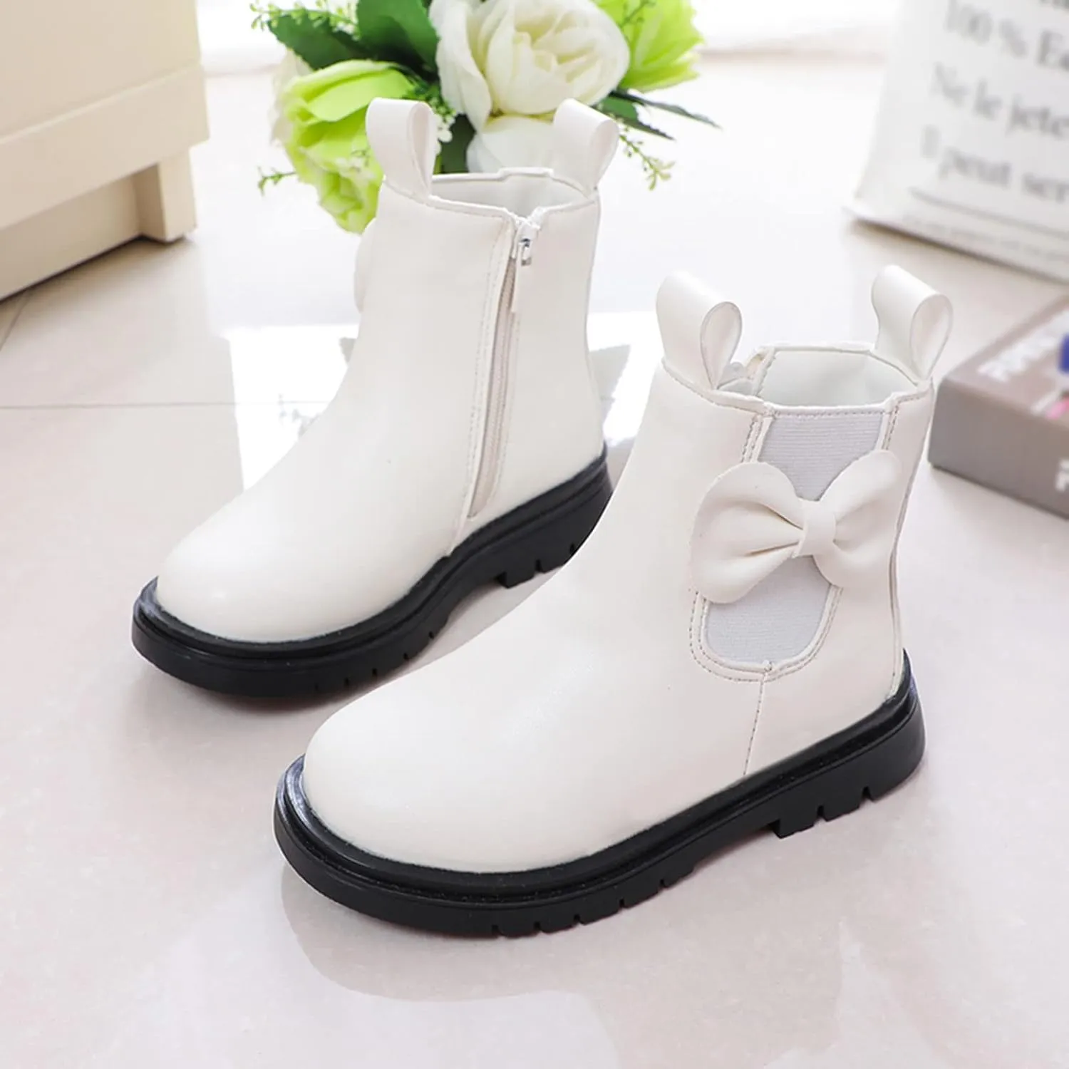 Girls Ankle Boots Leather Boots with Bow Kids Comfortable Slip on Chelsea Booties for Toddler Little Kid Big Kids