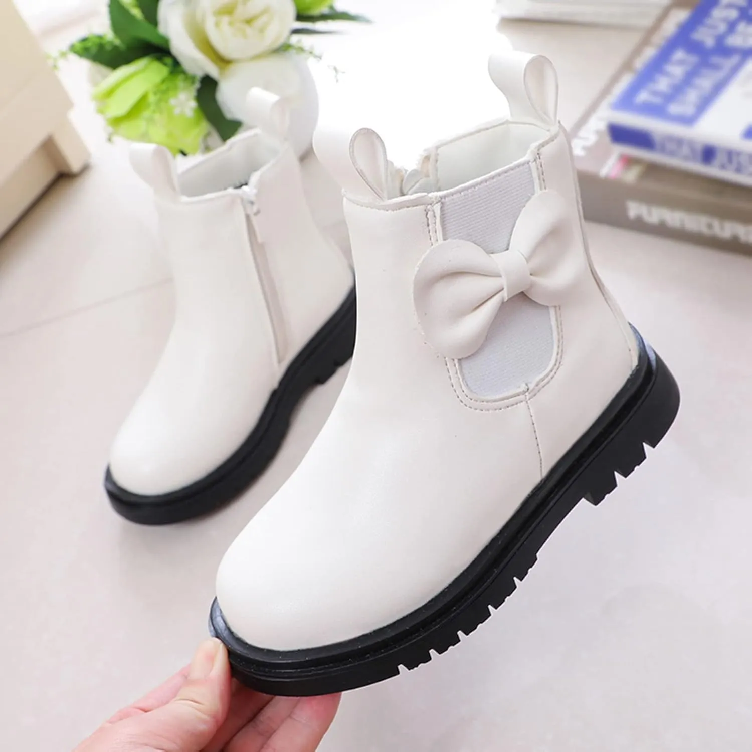 Girls Ankle Boots Leather Boots with Bow Kids Comfortable Slip on Chelsea Booties for Toddler Little Kid Big Kids