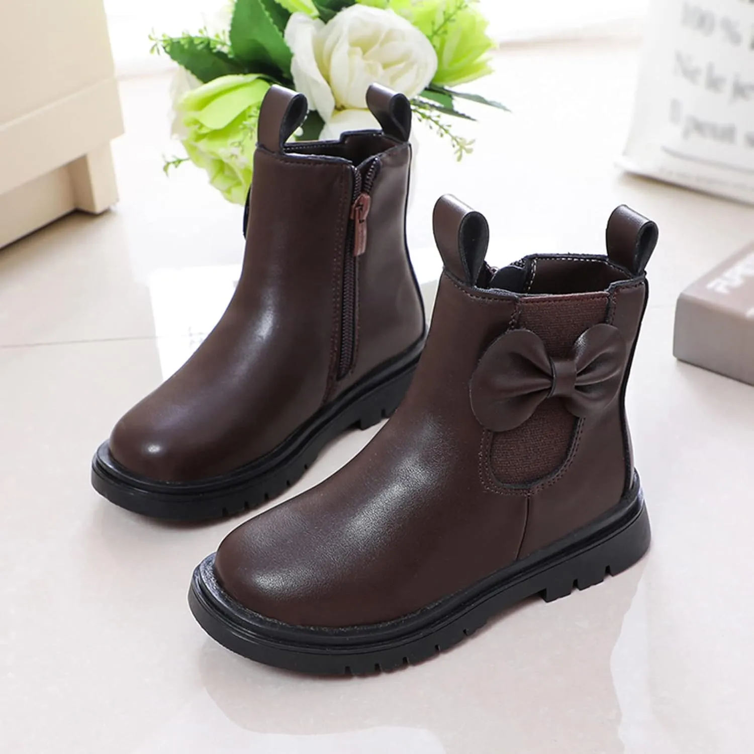 Girls Ankle Boots Leather Boots with Bow Kids Comfortable Slip on Chelsea Booties for Toddler Little Kid Big Kids