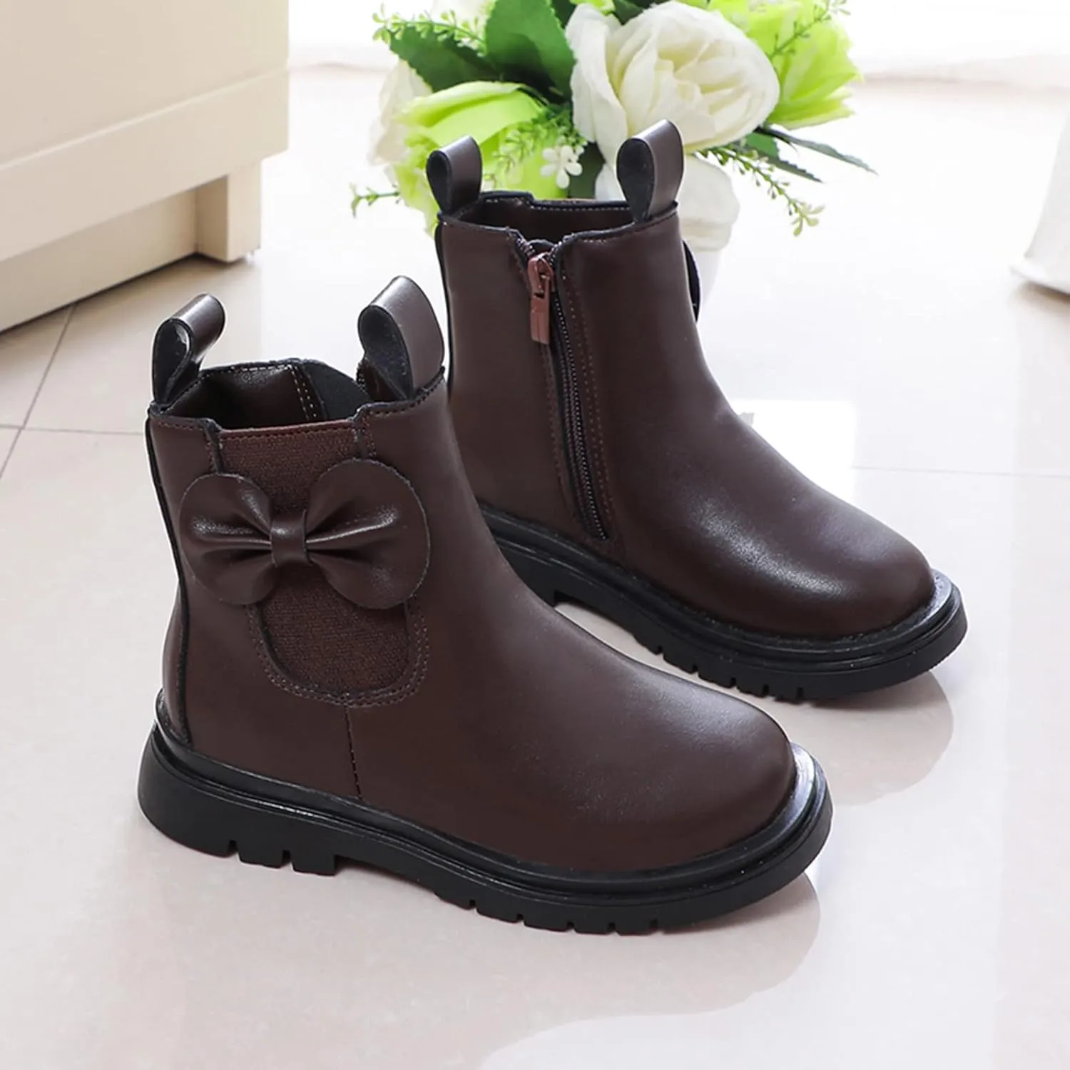 Girls Ankle Boots Leather Boots with Bow Kids Comfortable Slip on Chelsea Booties for Toddler Little Kid Big Kids
