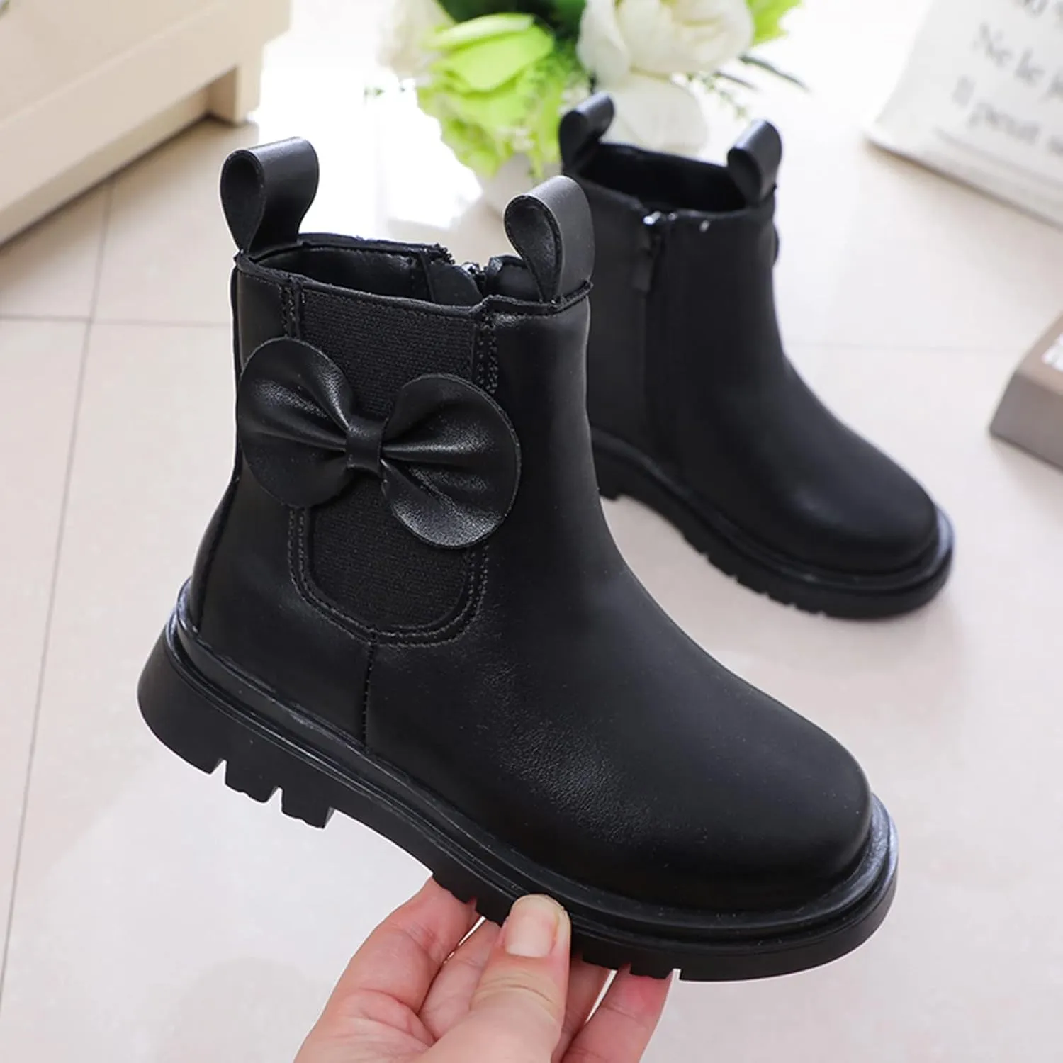 Girls Ankle Boots Leather Boots with Bow Kids Comfortable Slip on Chelsea Booties for Toddler Little Kid Big Kids