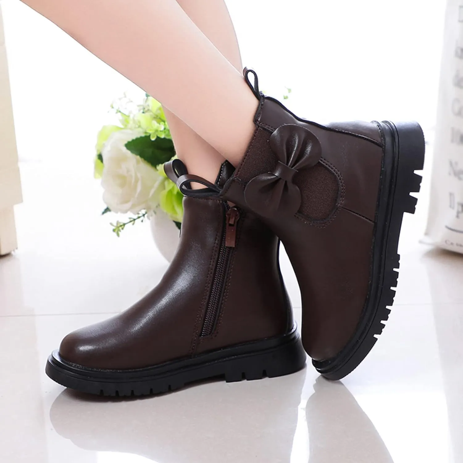 Girls Ankle Boots Leather Boots with Bow Kids Comfortable Slip on Chelsea Booties for Toddler Little Kid Big Kids