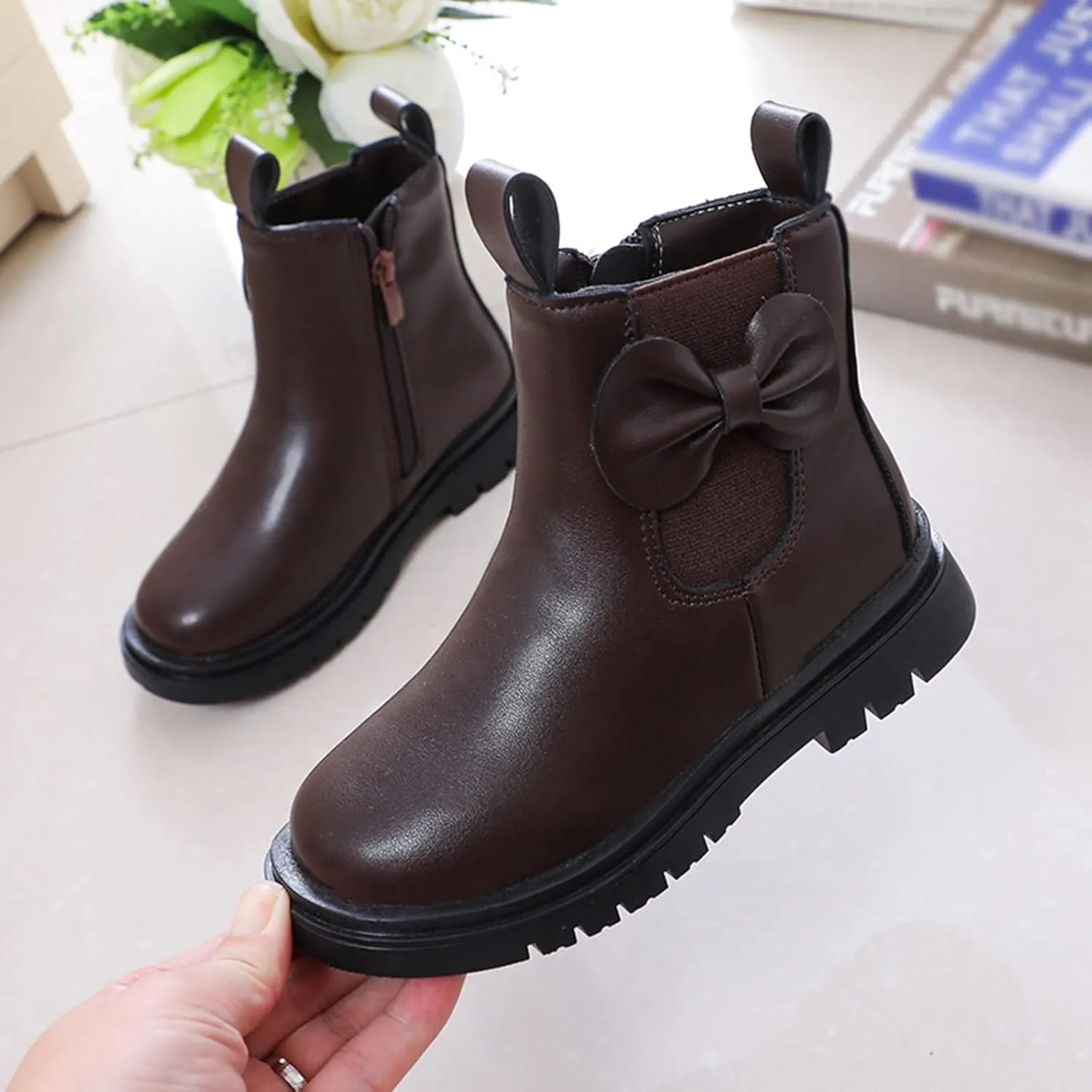 Girls Ankle Boots Leather Boots with Bow Kids Comfortable Slip on Chelsea Booties for Toddler Little Kid Big Kids