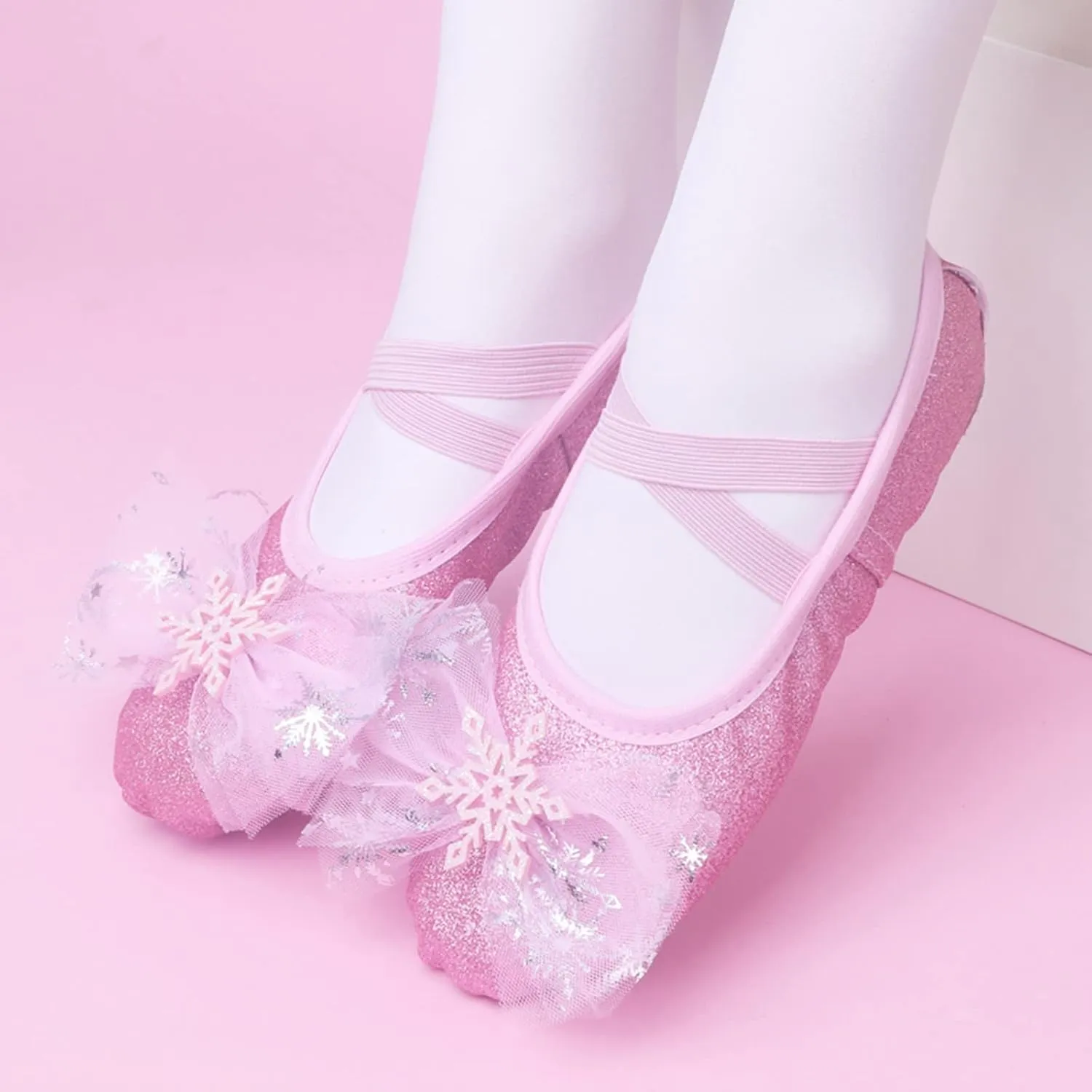Girls Ballet Shoes Split-Sole Glitter Flats Dance Shoes Mesh Bowknot Ballerina Slippers Shoes for Girls Toddler/Kid