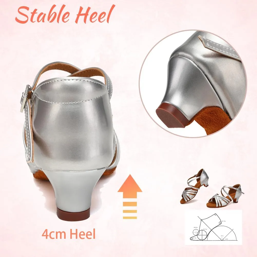 Girls Latin Salsa Ballroom Dance Shoes Low Heel Performance Practice Dancing Shoes for Kids