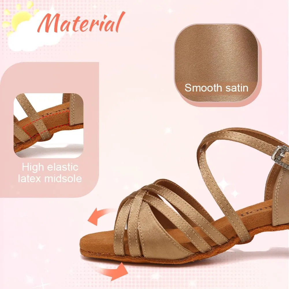 Girls Latin Salsa Ballroom Dance Shoes Low Heel Performance Practice Dancing Shoes for Kids