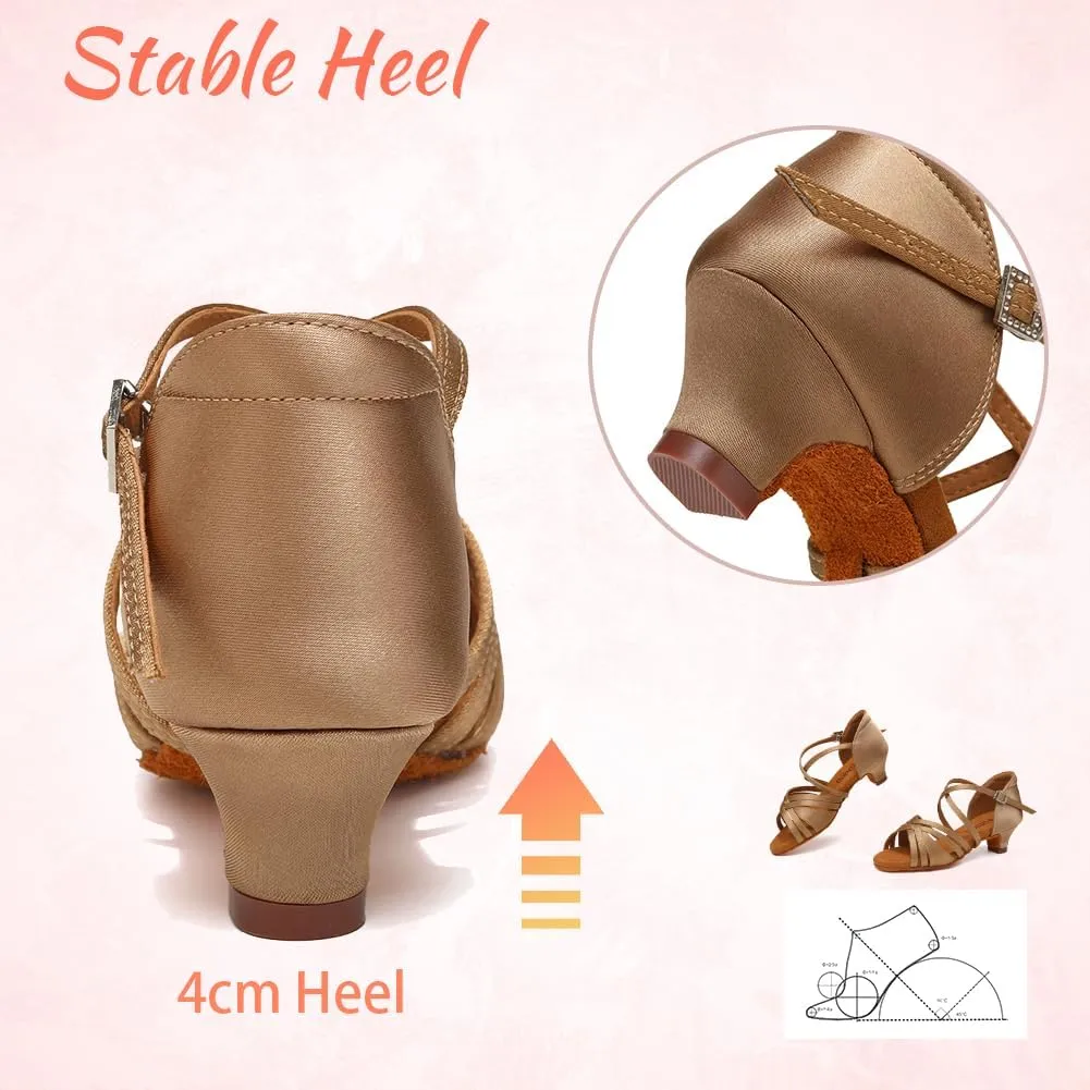 Girls Latin Salsa Ballroom Dance Shoes Low Heel Performance Practice Dancing Shoes for Kids