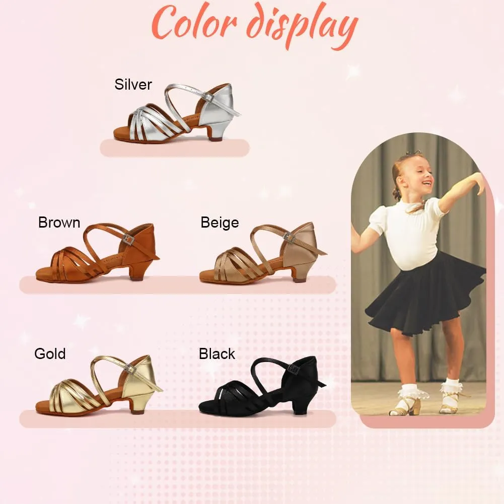 Girls Latin Salsa Ballroom Dance Shoes Low Heel Performance Practice Dancing Shoes for Kids