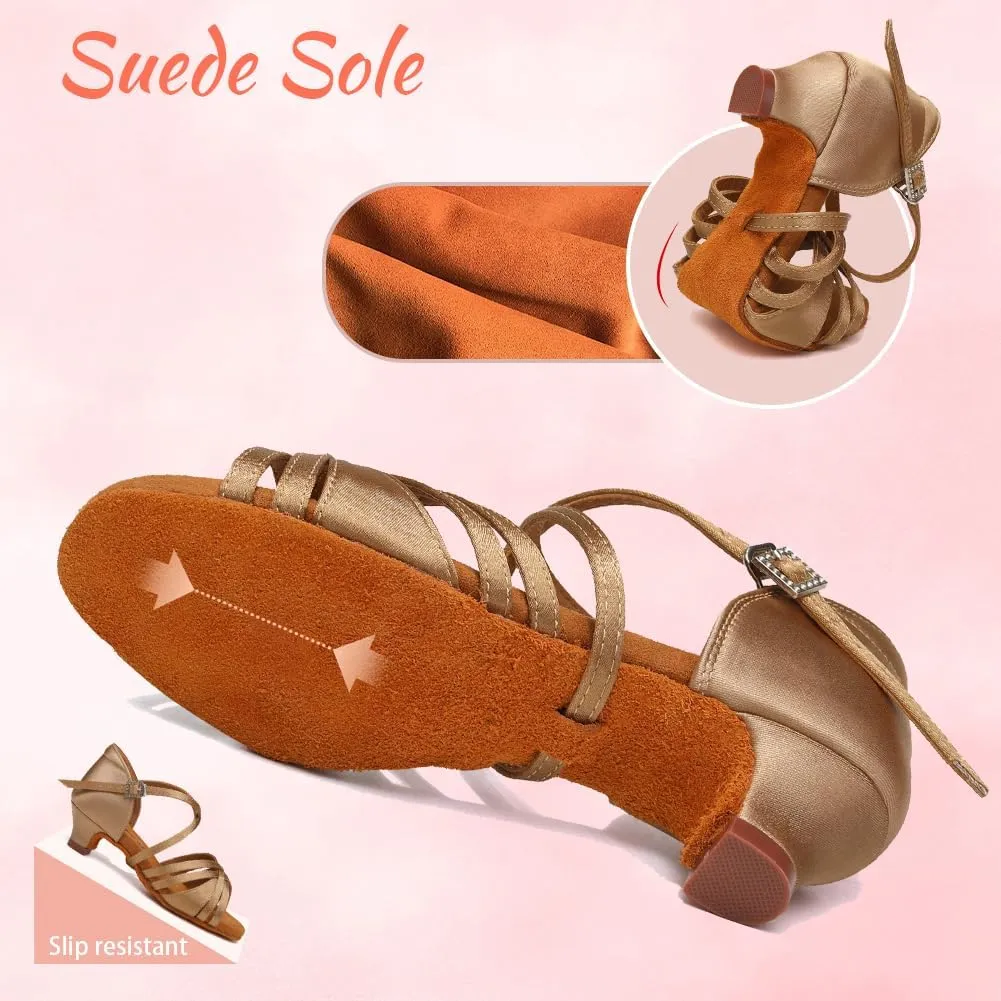 Girls Latin Salsa Ballroom Dance Shoes Low Heel Performance Practice Dancing Shoes for Kids