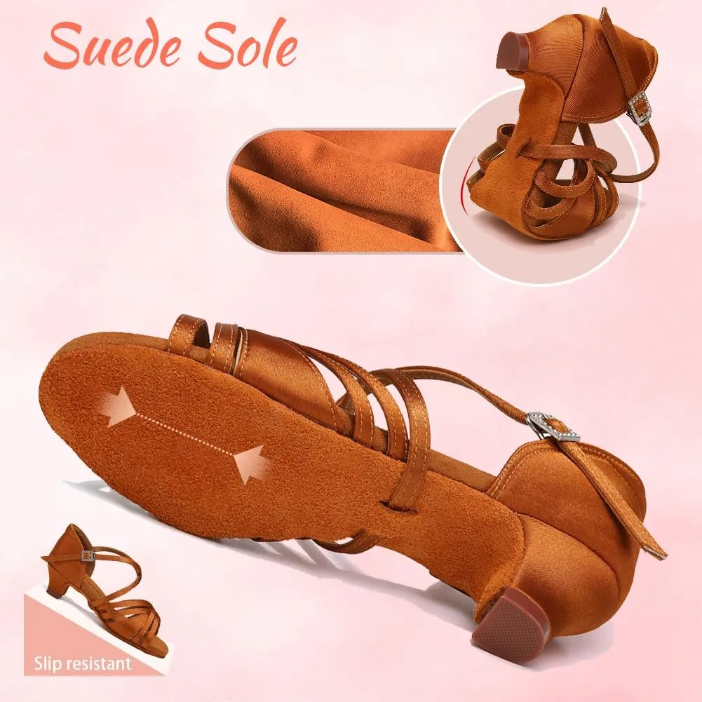 Girls Latin Salsa Ballroom Dance Shoes Low Heel Performance Practice Dancing Shoes for Kids