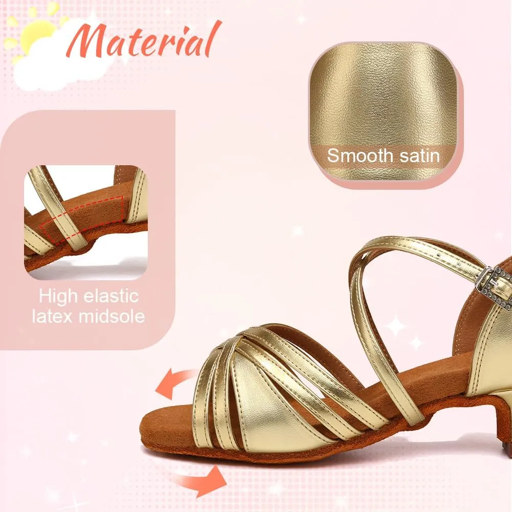Girls Latin Salsa Ballroom Dance Shoes Low Heel Performance Practice Dancing Shoes for Kids