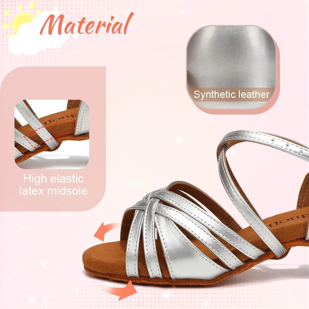Girls Latin Salsa Ballroom Dance Shoes Low Heel Performance Practice Dancing Shoes for Kids