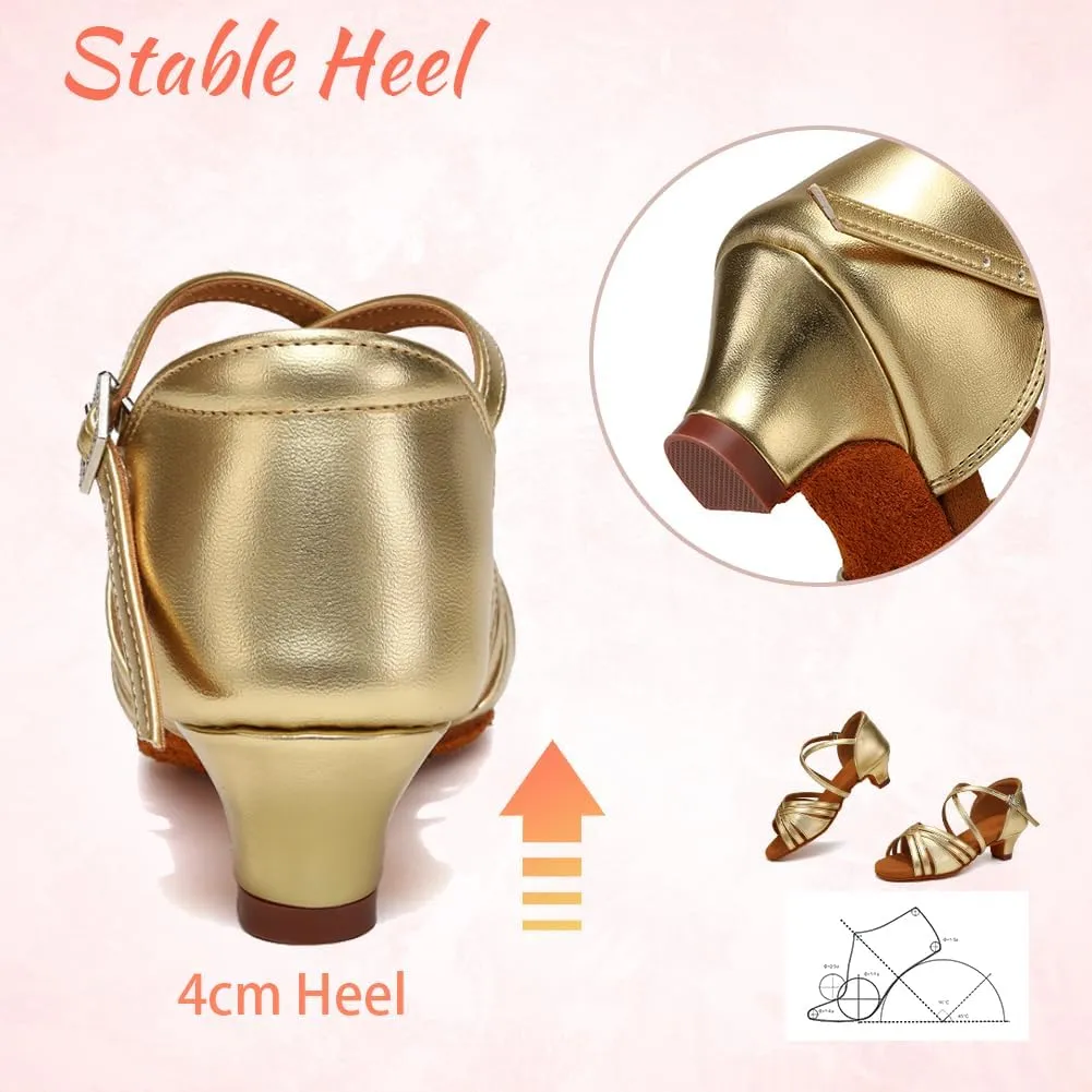 Girls Latin Salsa Ballroom Dance Shoes Low Heel Performance Practice Dancing Shoes for Kids