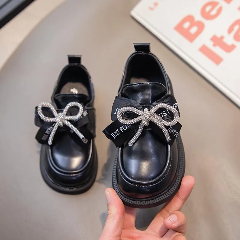 Girls' Leather Loafers Shoes with Rhinestone Bow Accent