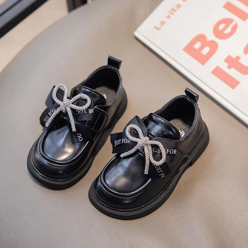 Girls' Leather Loafers Shoes with Rhinestone Bow Accent