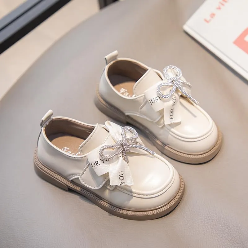 Girls' Leather Loafers Shoes with Rhinestone Bow Accent