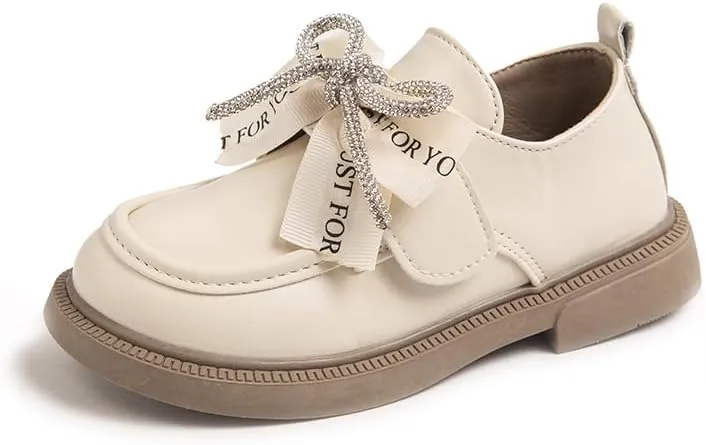 Girls' Leather Loafers Shoes with Rhinestone Bow Accent