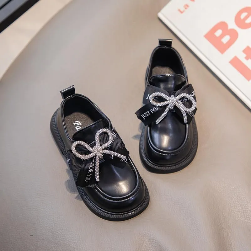 Girls' Leather Loafers Shoes with Rhinestone Bow Accent