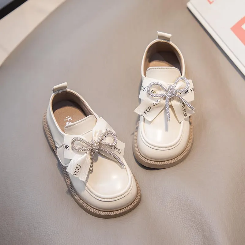 Girls' Leather Loafers Shoes with Rhinestone Bow Accent