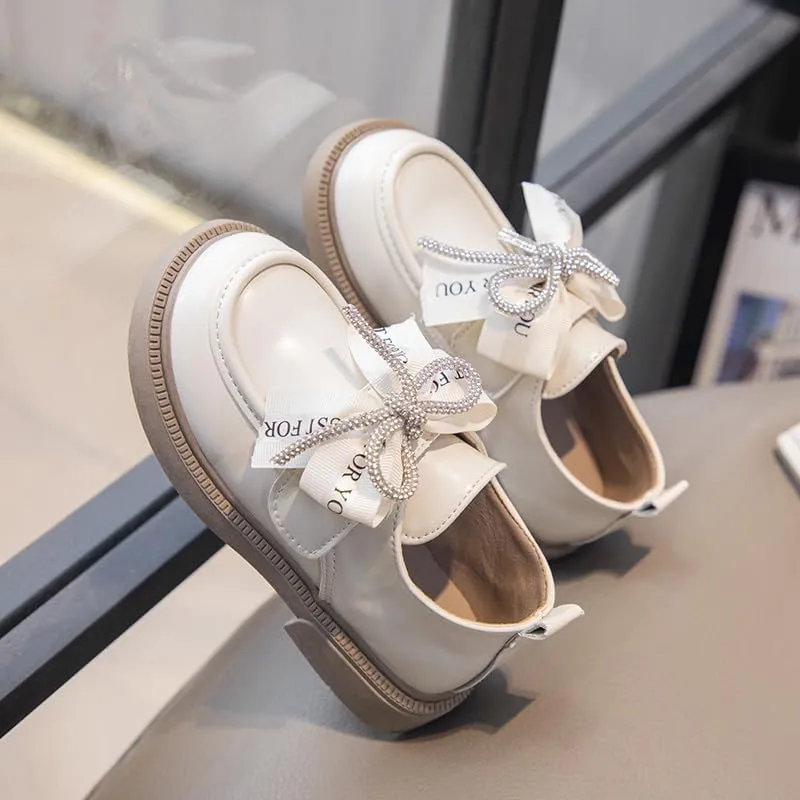 Girls' Leather Loafers Shoes with Rhinestone Bow Accent
