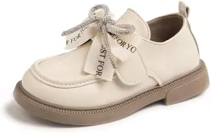 Girls' Leather Loafers Shoes with Rhinestone Bow Accent