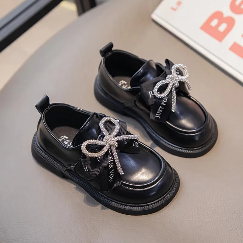 Girls' Leather Loafers Shoes with Rhinestone Bow Accent