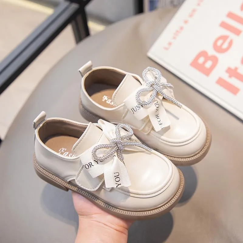 Girls' Leather Loafers Shoes with Rhinestone Bow Accent