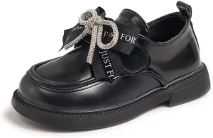 Girls' Leather Loafers Shoes with Rhinestone Bow Accent