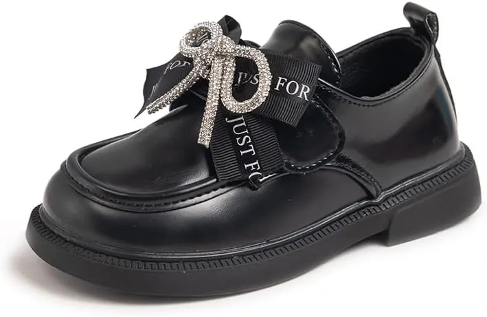 Girls' Leather Loafers Shoes with Rhinestone Bow Accent