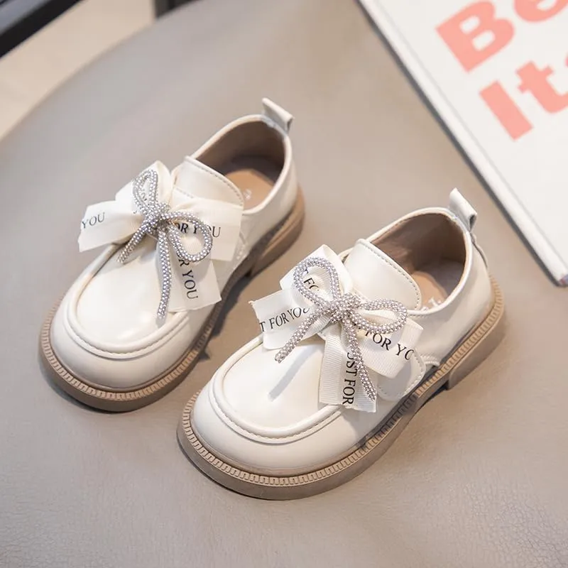 Girls' Leather Loafers Shoes with Rhinestone Bow Accent