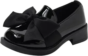 Girls Patent Leather Loafers with Black Bow, Slip-On Dress Shoes