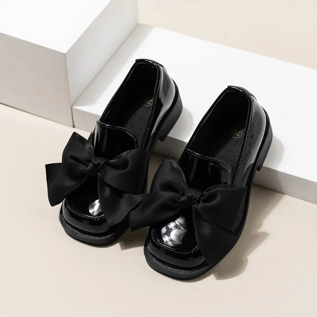 Girls Patent Leather Loafers with Black Bow, Slip-On Dress Shoes