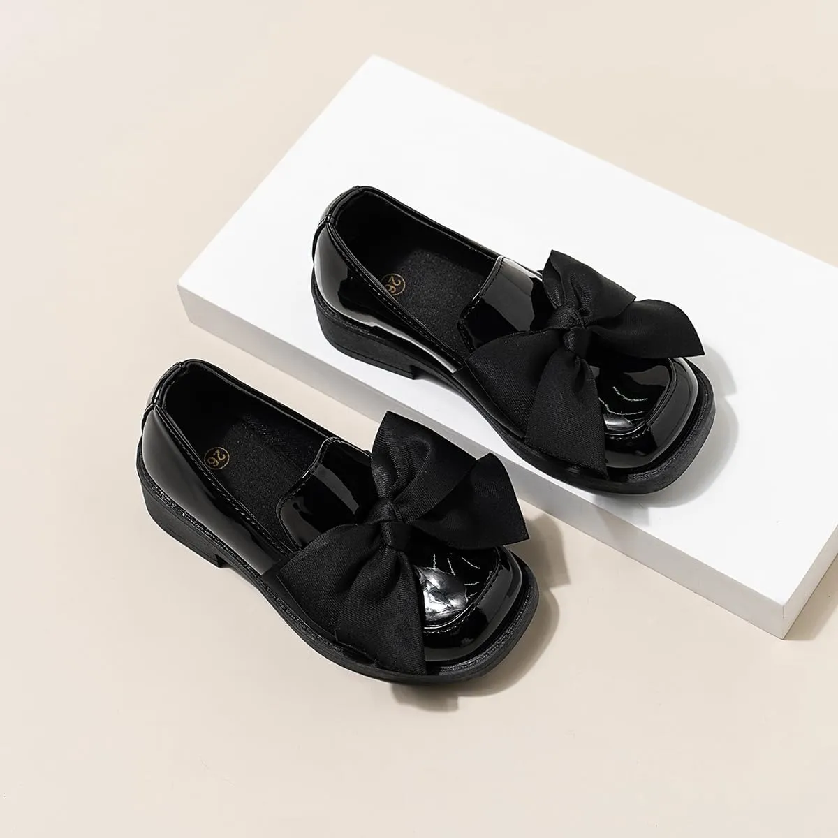 Girls Patent Leather Loafers with Black Bow, Slip-On Dress Shoes
