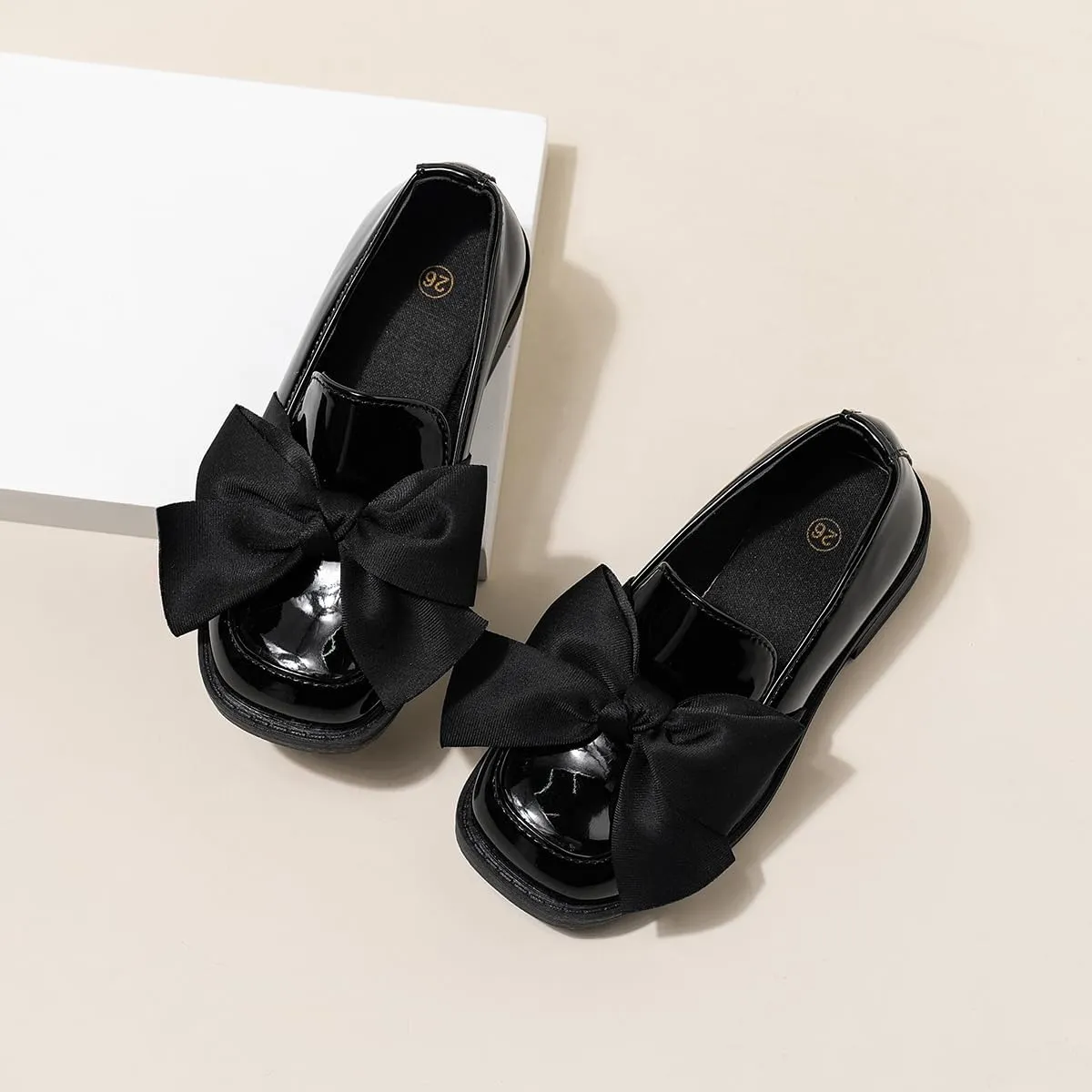 Girls Patent Leather Loafers with Black Bow, Slip-On Dress Shoes